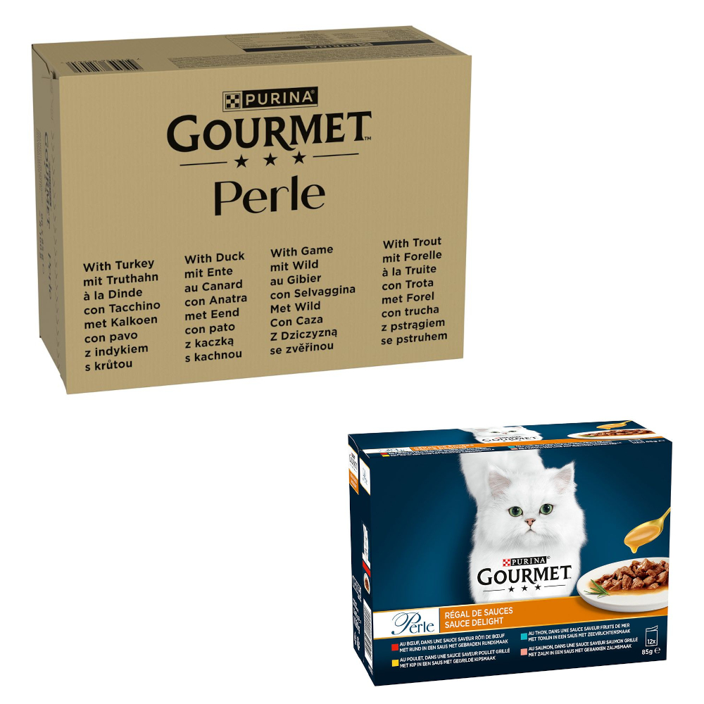 96 x 85 g Jumbopack Gourmet + 24 x 85 g passendes Nassfutter gratis! - 96 x 85 g Perle: Forelle, Truthahn, Ente, Wild in Gelee + 24 x 85 g Perle Gemischte Auswahl: Genuss in Sauce von Gourmet