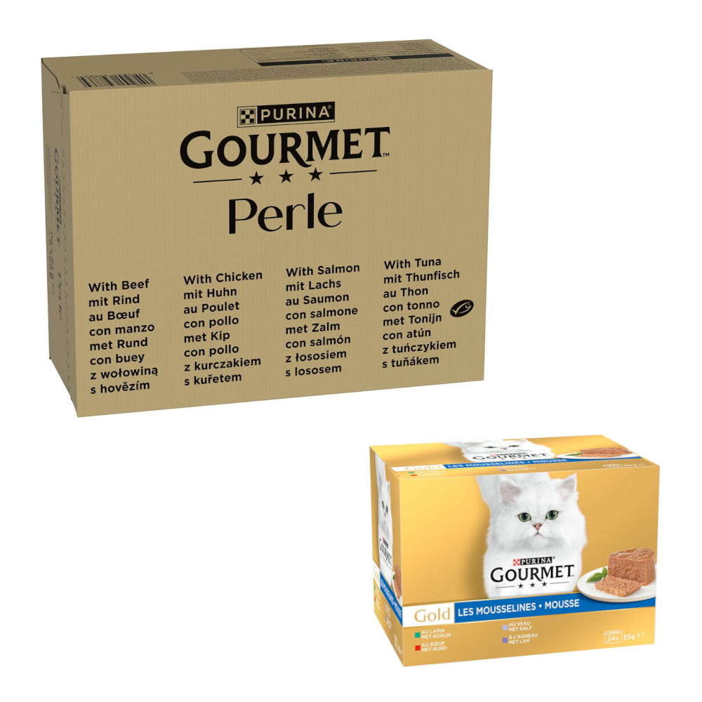 96 x 85 g Jumbopack Gourmet + 24 x 85 g passendes Nassfutter gratis! - 96 x 85 g Perle: Rind, Huhn, Lachs, Thunfisch in Sauce + 24 x 85 g Gold Feine Pastete: Kaninchen, Kalb, Rind, Lamm von Gourmet