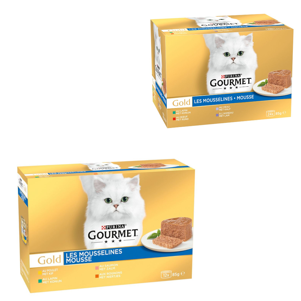 96 x 85 g Jumbopack Gourmet Gold + 24 x 85 g Mousse-Mix gratis! - Feine Pastete Mixpaket: Kaninchen, Huhn, Lachs, Nieren 96 x 85 g Jumbopack Gourmet Gold + 24 x 85 g Mousse-Mix gratis! - Feine Pastete Mixpaket: Kaninchen, Huhn, Lachs, Nieren von Gourmet