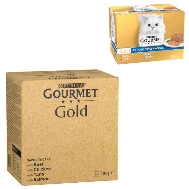 96 x 85 g Jumbopack Gourmet Gold + 24 x 85 g Mousse-Mix gratis! - Raffiniertes Ragout: Rind, Huhn, Thunfisch, Lachs 96 x 85 g Jumbopack Gourmet Gold + 24 x 85 g Mousse-Mix gratis! - Raffiniertes Ragout: Rind, Huhn, Thunfisch, Lachs von Gourmet