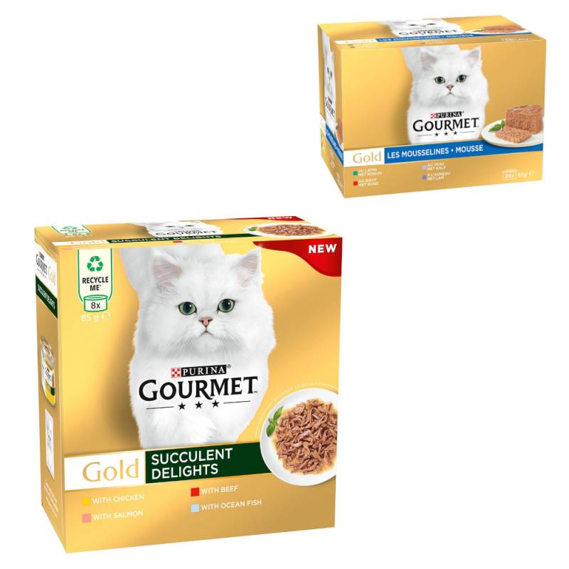 96 x 85 g Jumbopack Gourmet Gold + 24 x 85 g Mousse-Mix gratis! - Saftig-Feine Streifen: Huhn, Meeresfisch, Rind, Lachs 96 x 85 g Jumbopack Gourmet Gold + 24 x 85 g Mousse-Mix gratis! - Saftig-Feine Streifen: Huhn, Meeresfisch, Rind, Lachs von Gourmet