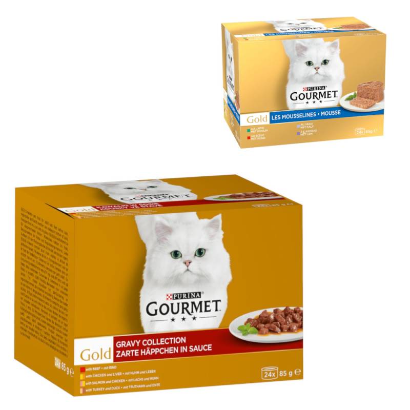 96 x 85 g Jumbopack Gourmet Gold + 24 x 85 g Mousse-Mix gratis! - Zarte Häppchen: Rind, Huhn & Leber, Lachs & Huhn, Truthahn & Ente 96 x 85 g Jumbopack Gourmet Gold + 24 x 85 g Mousse-Mix gratis! - Zarte Häppchen: Rind, Huhn & Leber, Lachs & Huhn, Truthahn & Ente von Gourmet