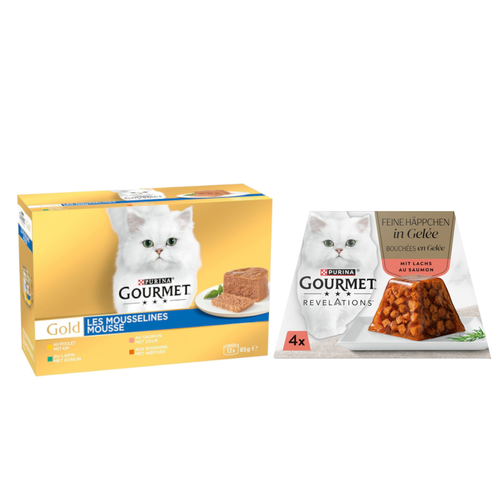 96 x 85 g Jumbopack Gourmet Gold + 4 x 57 g Revelations Fine Cuts gratis! - Feine Pastete: Mixpaket (Kaninchen, Huhn, Lachs, Nieren) von Gourmet