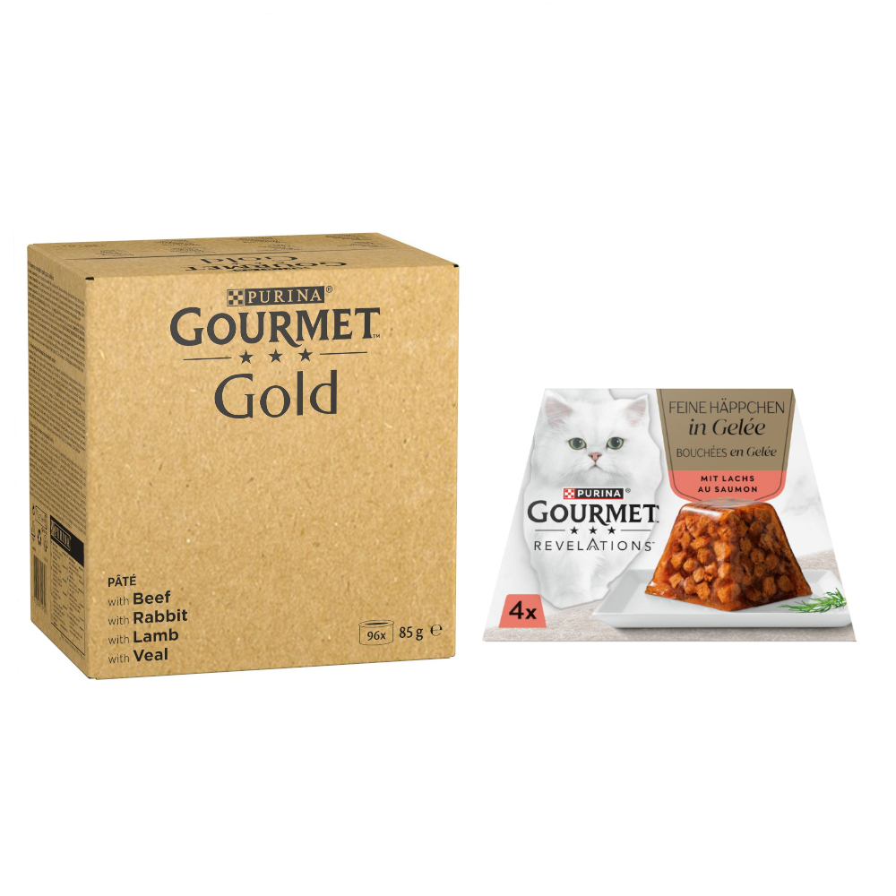 96 x 85 g Jumbopack Gourmet Gold + 4 x 57 g Revelations Fine Cuts gratis! - Feine Pastete: Rind, Kaninchen, Lamm, Kalbfleisch 96 x 85 g Jumbopack Gourmet Gold + 4 x 57 g Revelations Fine Cuts gratis! - Feine Pastete: Rind, Kaninchen, Lamm, Kalbfleisch von Gourmet