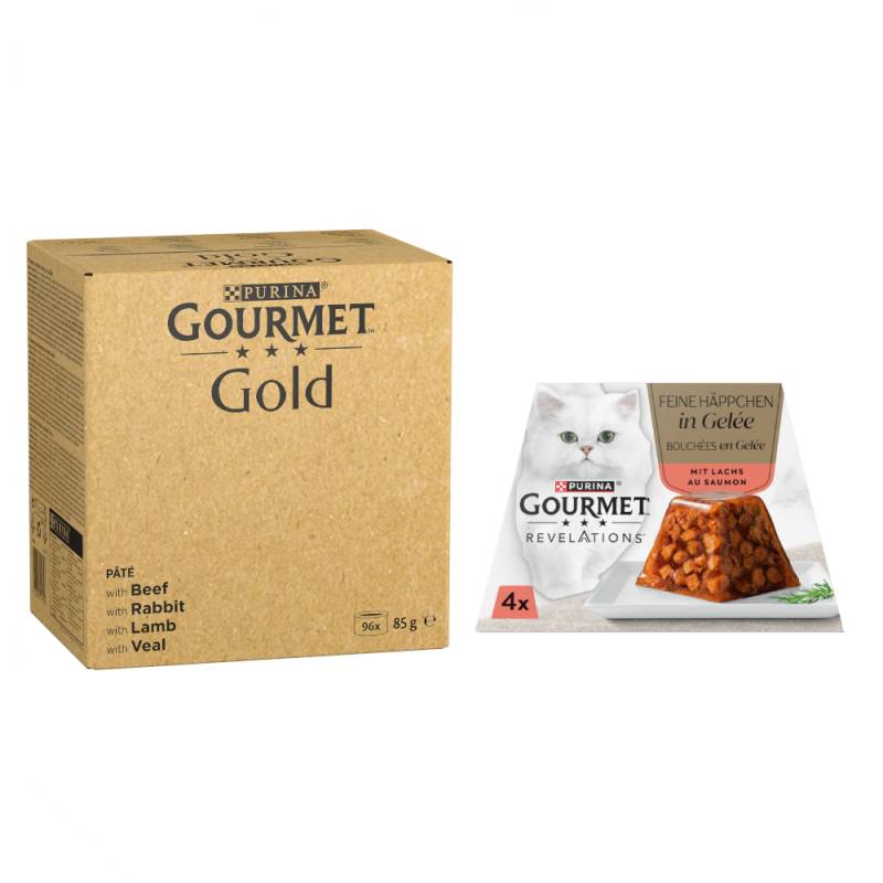 96 x 85 g Jumbopack Gourmet Gold + 4 x 57 g Revelations Fine Cuts gratis! - Feine Pastete: Rind, Kaninchen, Lamm, Kalbfleisch von Gourmet