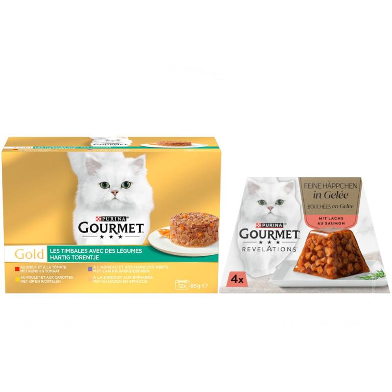 96 x 85 g Jumbopack Gourmet Gold + 4 x 57 g Revelations Fine Cuts gratis! - Raffiniertes Ragout: Rind, Huhn, Lamm, Truthahn mit Gemüse von Gourmet