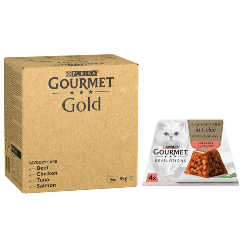 96 x 85 g Jumbopack Gourmet Gold + 4 x 57 g Revelations Fine Cuts gratis! - Raffiniertes Ragout: Rind, Huhn, Thunfisch, Lachs von Gourmet