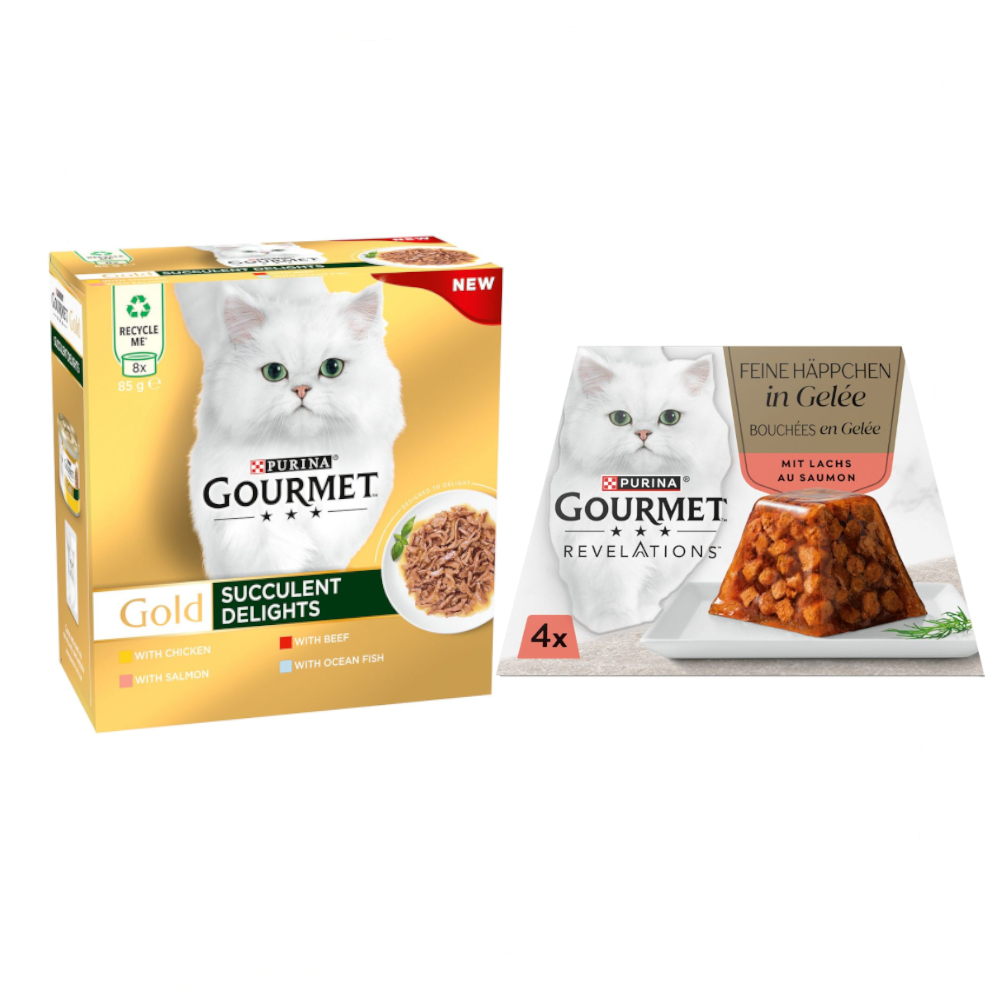96 x 85 g Jumbopack Gourmet Gold + 4 x 57 g Revelations Fine Cuts gratis! - Saftig-Feine Streifen: Huhn, Meeresfisch, Rind, Lachs 96 x 85 g Jumbopack Gourmet Gold + 4 x 57 g Revelations Fine Cuts gratis! - Saftig-Feine Streifen: Huhn, Meeresfisch, Rind, Lachs von Gourmet