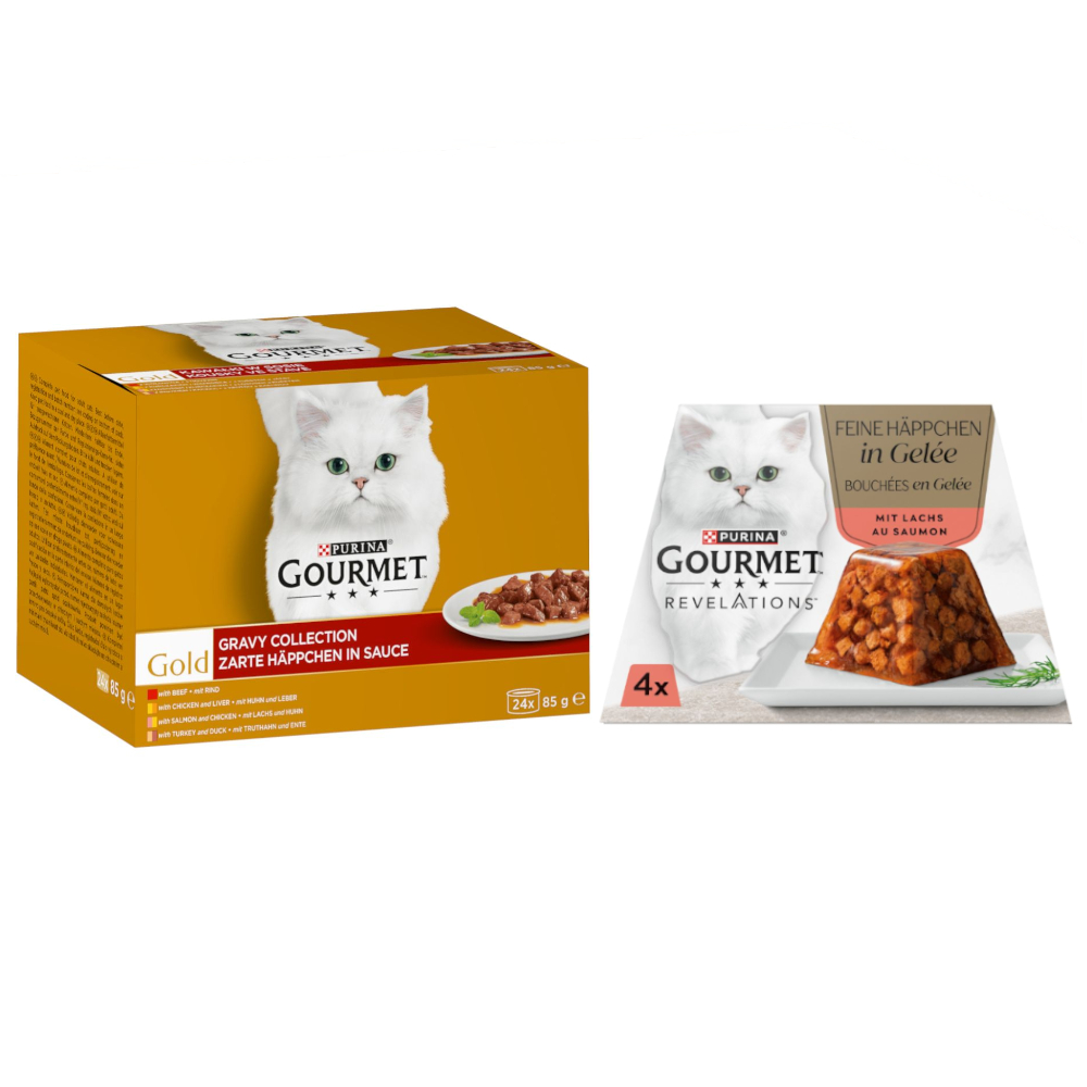 96 x 85 g Jumbopack Gourmet Gold + 4 x 57 g Revelations Fine Cuts gratis! - Zarte Häppchen: Rind, Huhn & Leber, Lachs & Huhn, Truthahn & Ente 96 x 85 g Jumbopack Gourmet Gold + 4 x 57 g Revelations Fine Cuts gratis! - Zarte Häppchen: Rind, Huhn & Leber, Lachs & Huhn, Truthahn & Ente von Gourmet
