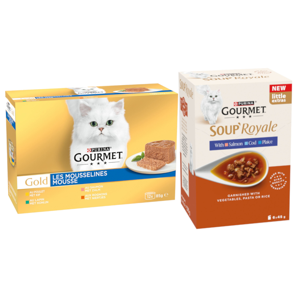 96 x 85 g Jumbopack Gourmet Gold + 48 x 45 g Soup Royale Fischauswahl gratis! - Feine Pastete: Mixpaket (Kaninchen, Huhn, Lachs, Nieren) von Gourmet