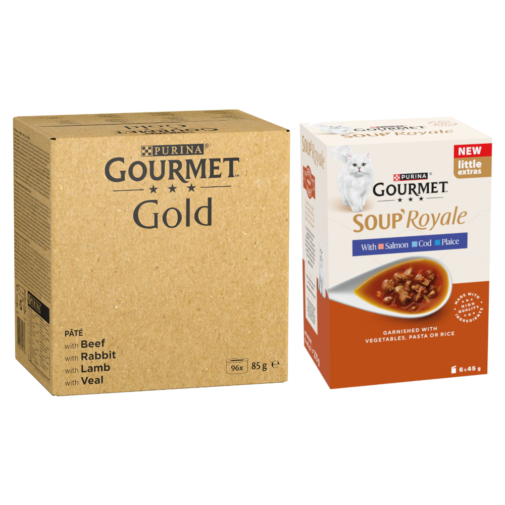 96 x 85 g Jumbopack Gourmet Gold + 48 x 45 g Soup Royale Fischauswahl gratis! - Feine Pastete: Rind, Kaninchen, Lamm, Kalbfleisch von Gourmet