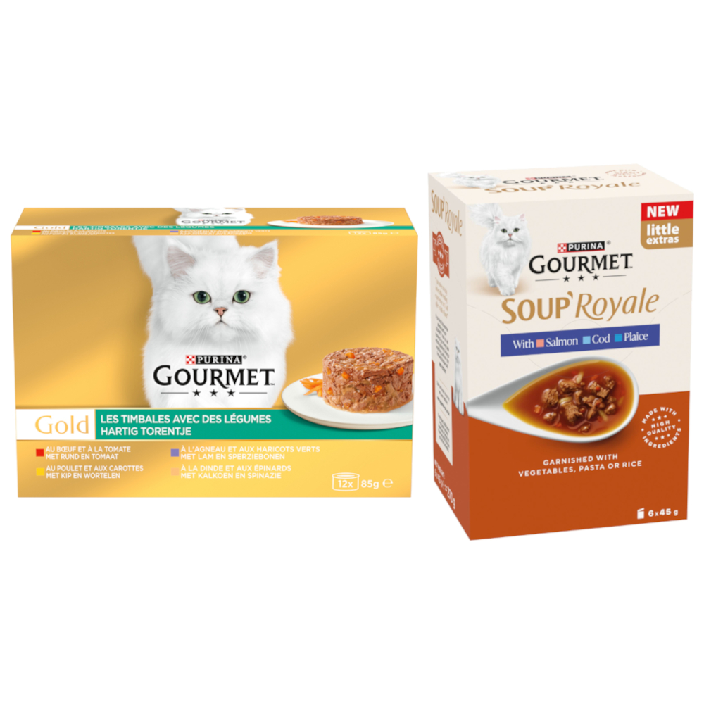 96 x 85 g Jumbopack Gourmet Gold + 48 x 45 g Soup Royale Fischauswahl gratis! -  Raffiniertes Ragout: Rind, Huhn, Lamm, Truthahn mit Gemüse von Gourmet