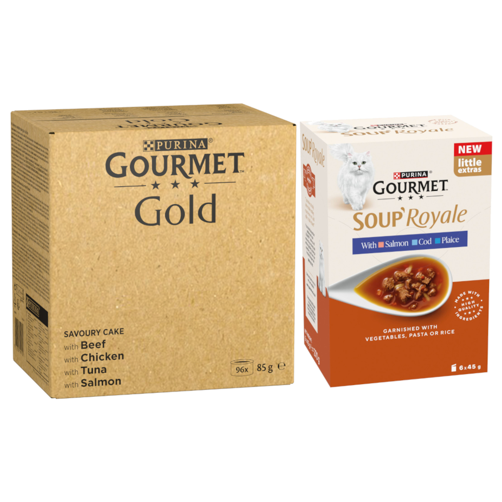 96 x 85 g Jumbopack Gourmet Gold + 48 x 45 g Soup Royale Fischauswahl gratis! -  Raffiniertes Ragout: Rind, Huhn, Thunfisch, Lachs von Gourmet