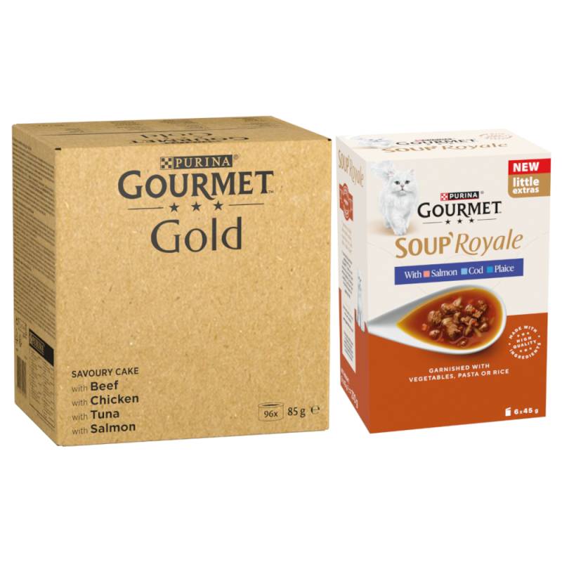 96 x 85 g Jumbopack Gourmet Gold + 48 x 45 g Soup Royale Fischauswahl gratis! - Raffiniertes Ragout: Rind, Huhn, Thunfisch, Lachs 96 x 85 g Jumbopack Gourmet Gold + 48 x 45 g Soup Royale Fischauswahl gratis! - Raffiniertes Ragout: Rind, Huhn, Thunfisch, Lachs von Gourmet