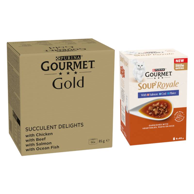 96 x 85 g Jumbopack Gourmet Gold + 48 x 45 g Soup Royale Fischauswahl gratis! - Saftig-Feine Streifen: Huhn, Meeresfisch, Rind, Lachs 96 x 85 g Jumbopack Gourmet Gold + 48 x 45 g Soup Royale Fischauswahl gratis! - Saftig-Feine Streifen: Huhn, Meeresfisch, Rind, Lachs von Gourmet