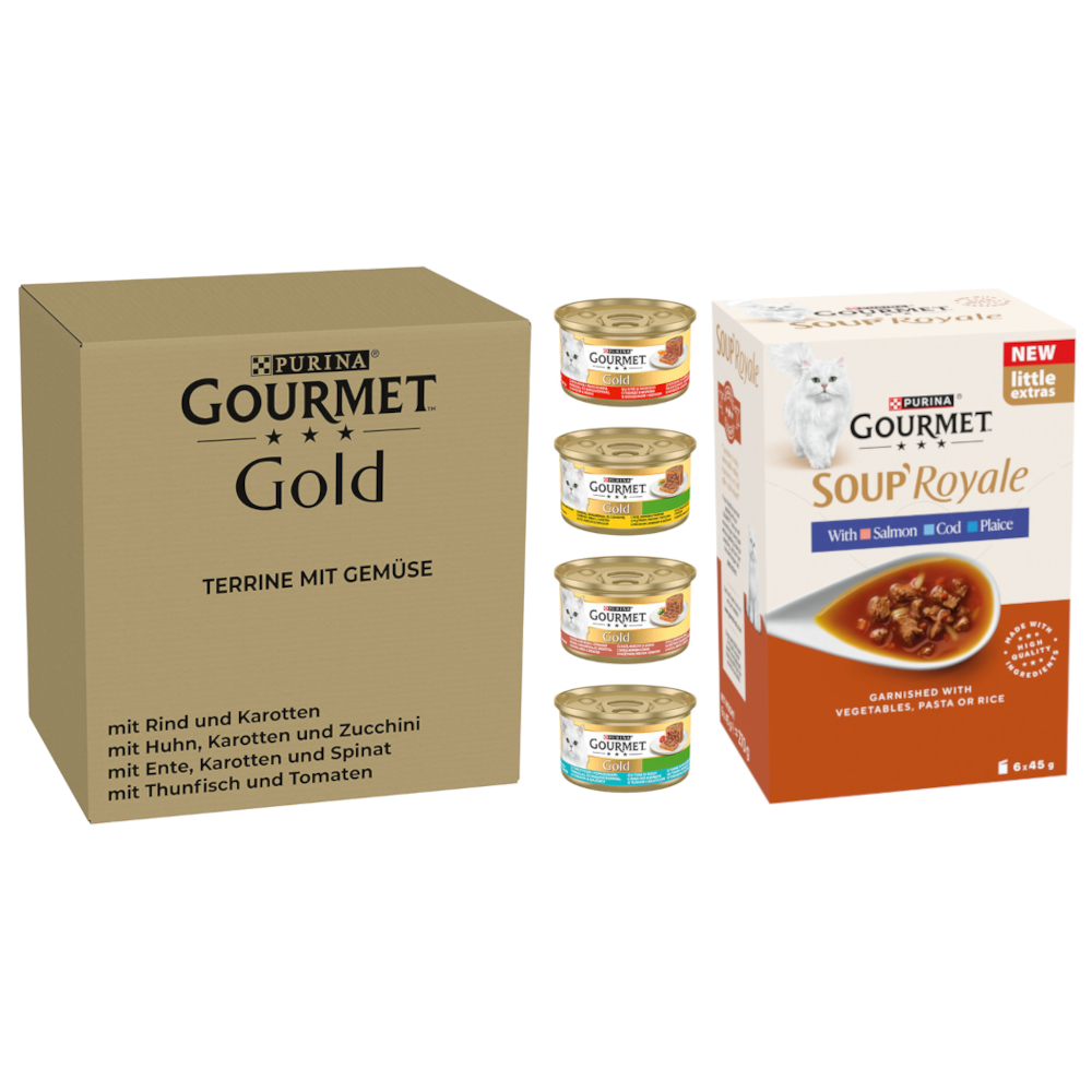 96 x 85 g Jumbopack Gourmet Gold + 48 x 45 g Soup Royale Fischauswahl gratis! - Terrine: mit Gemüse 96 x 85 g Jumbopack Gourmet Gold + 48 x 45 g Soup Royale Fischauswahl gratis! - Terrine: mit Gemüse von Gourmet