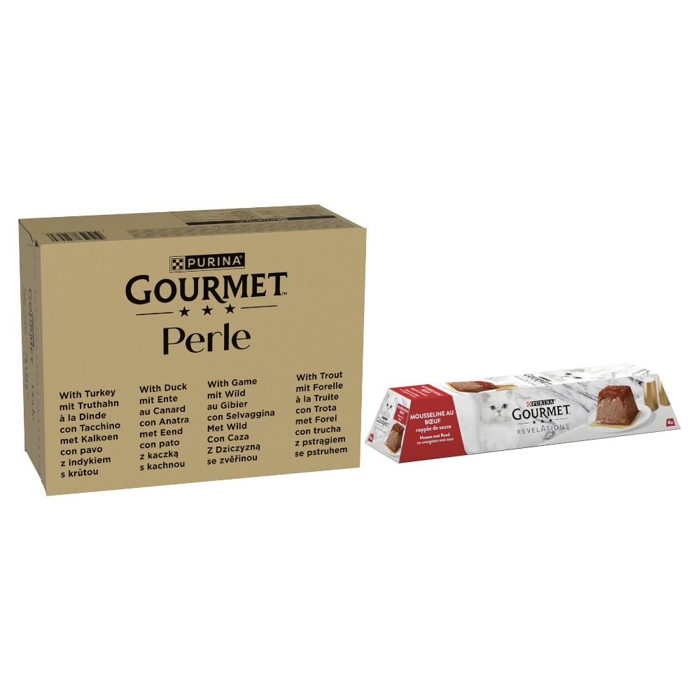 96 x 85 g Jumbopack Gourmet Perle + 12 x 57 g Revelations Mousse gratis! - Forelle, Truthahn, Ente, Wild in Gelee 96 x 85 g Jumbopack Gourmet Perle + 12 x 57 g Revelations Mousse gratis! - Forelle, Truthahn, Ente, Wild in Gelee von Gourmet