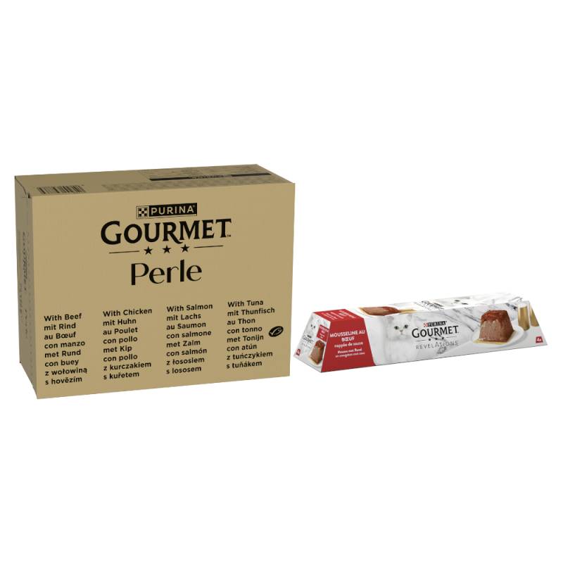 96 x 85 g Jumbopack Gourmet Perle + 12 x 57 g Revelations Mousse gratis! - Rind, Huhn, Lachs, Thunfisch in Sauce 96 x 85 g Jumbopack Gourmet Perle + 12 x 57 g Revelations Mousse gratis! - Rind, Huhn, Lachs, Thunfisch in Sauce von Gourmet