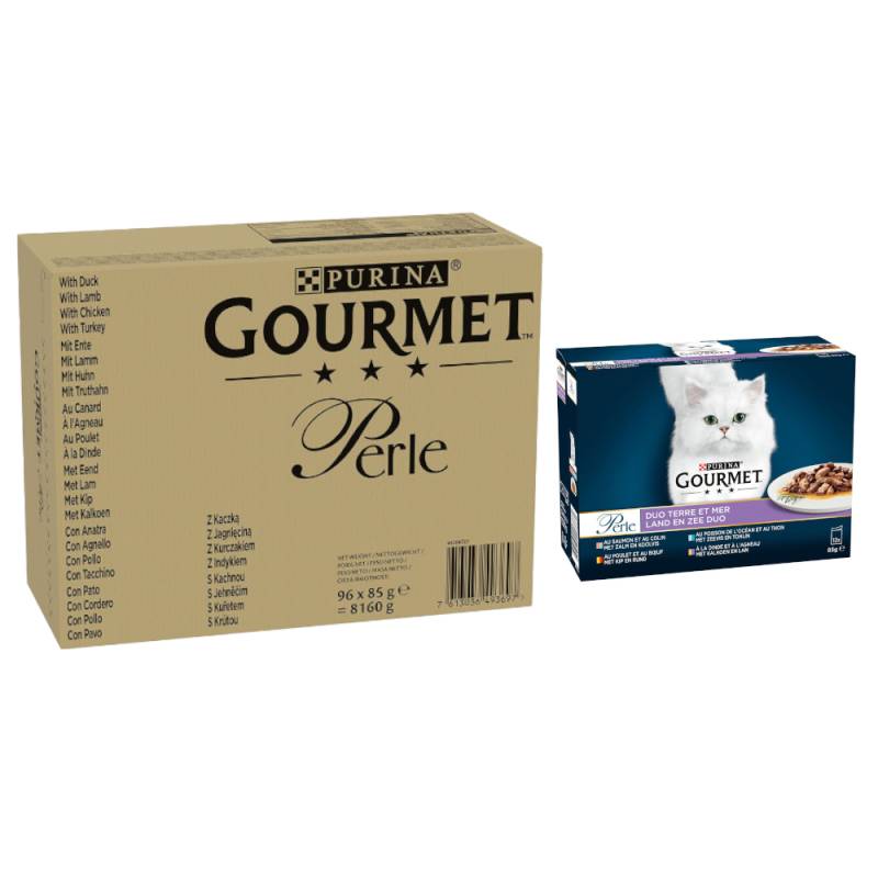 96 x 85 g Jumbopack Gourmet Perle + 24 x 85 g Gemischte Auswahl gratis! - Ente, Lamm, Huhn, Truthahn in Sauce von Gourmet