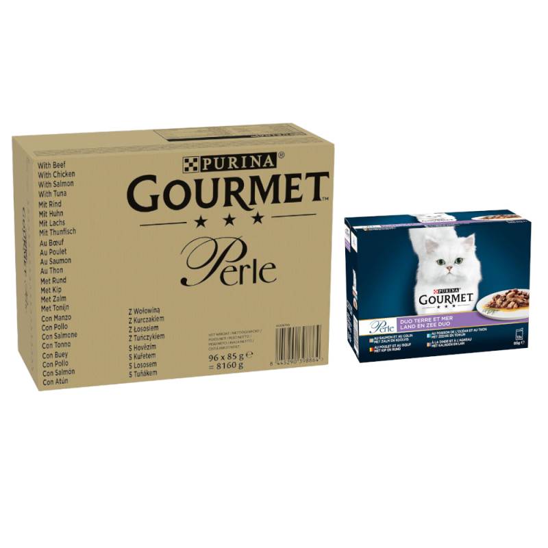 96 x 85 g Jumbopack Gourmet Perle + 24 x 85 g Gemischte Auswahl gratis! - Rind, Huhn, Lachs, Thunfisch in Sauce von Gourmet