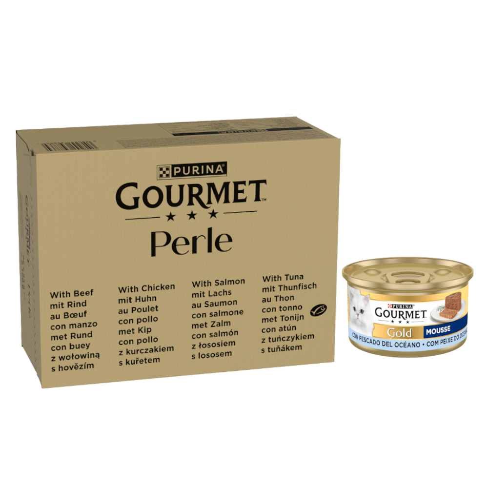 96 x 85 g Jumbopack Gourmet Perle + 24 x 85 g Gold Mousse Meeresfische gratis! - Rind, Huhn, Lachs, Thunfisch in Sauce 96 x 85 g Jumbopack Gourmet Perle + 24 x 85 g Gold Mousse Meeresfische gratis! - Rind, Huhn, Lachs, Thunfisch in Sauce von Gourmet