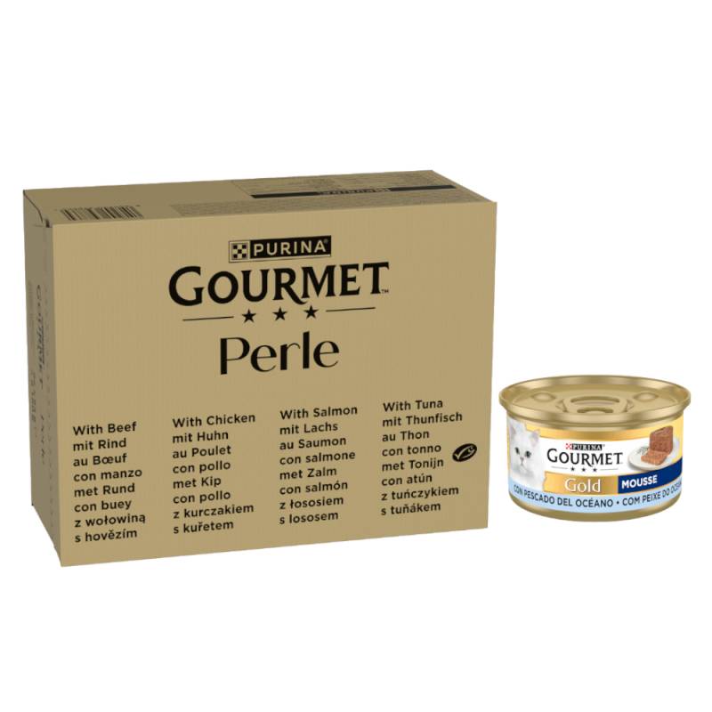 96 x 85 g Jumbopack Gourmet Perle + 24 x 85 g Gold Mousse Meeresfische gratis! - Rind, Huhn, Lachs, Thunfisch in Sauce von Gourmet