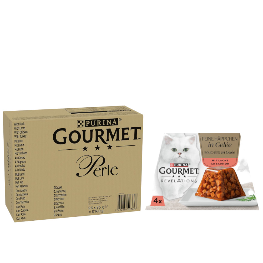 96 x 85 g Jumbopack Gourmet Perle + 4 x 57 g Revelations Fine Cuts gratis! - Ente, Lamm, Huhn, Truthahn in Sauce 96 x 85 g Jumbopack Gourmet Perle + 4 x 57 g Revelations Fine Cuts gratis! - Ente, Lamm, Huhn, Truthahn in Sauce von Gourmet