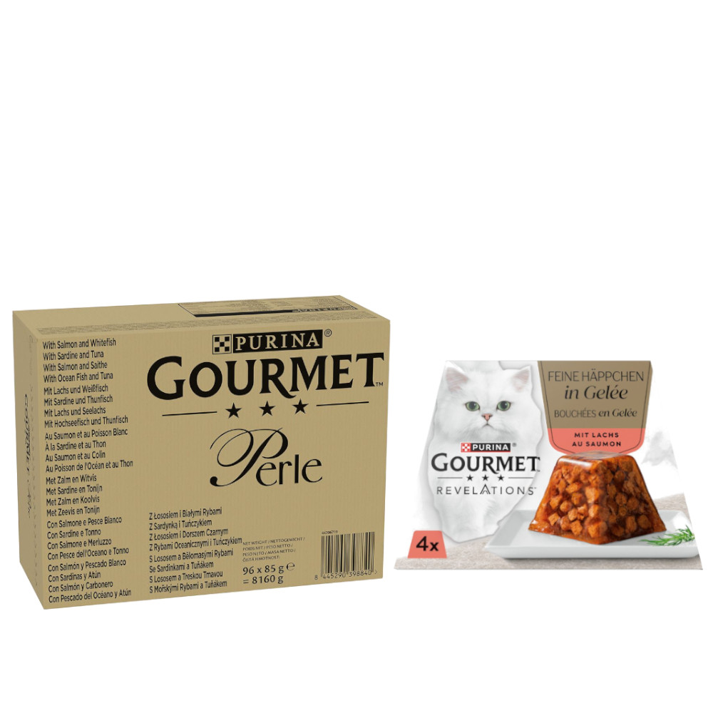 96 x 85 g Jumbopack Gourmet Perle + 4 x 57 g Revelations Fine Cuts gratis! - Fisch-Mix in Sauce 96 x 85 g Jumbopack Gourmet Perle + 4 x 57 g Revelations Fine Cuts gratis! - Fisch-Mix in Sauce von Gourmet