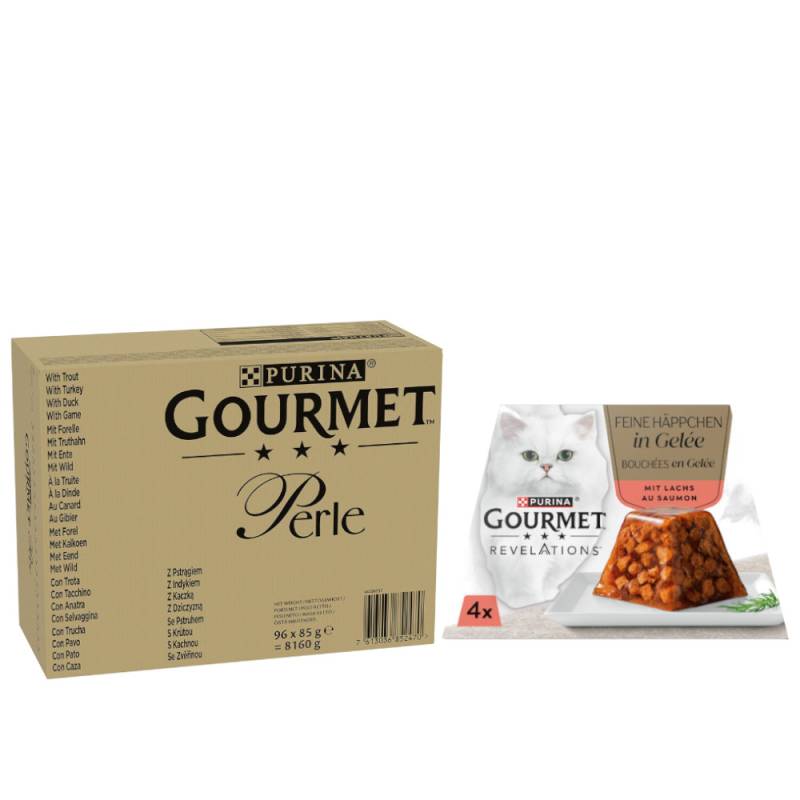 96 x 85 g Jumbopack Gourmet Perle + 4 x 57 g Revelations Fine Cuts gratis! - Forelle, Truthahn, Ente, Wild in Gelee von Gourmet