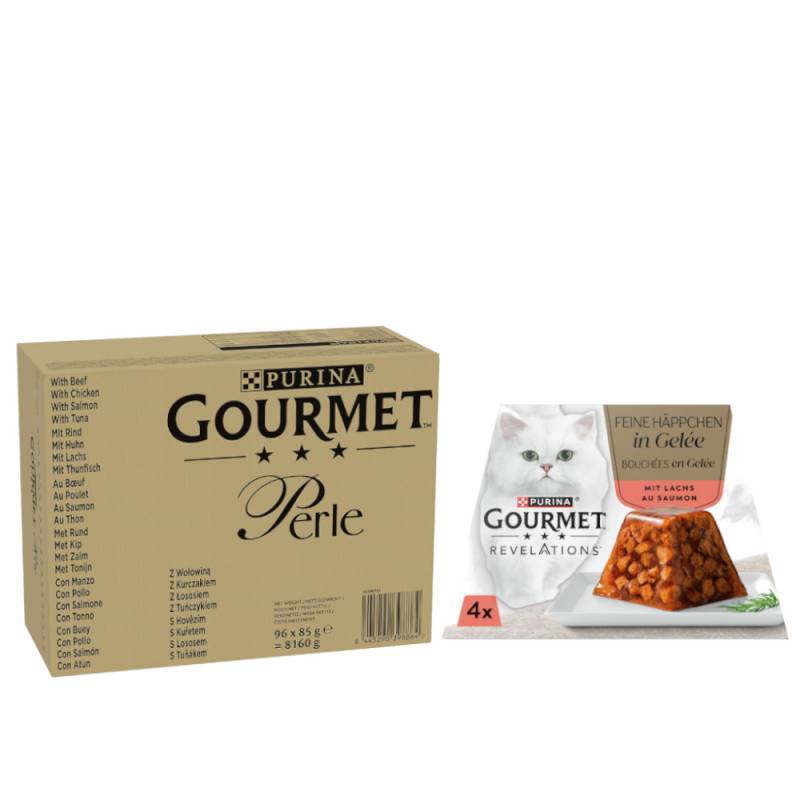 96 x 85 g Jumbopack Gourmet Perle + 4 x 57 g Revelations Fine Cuts gratis! - Rind, Huhn, Lachs, Thunfisch in Sauce von Gourmet