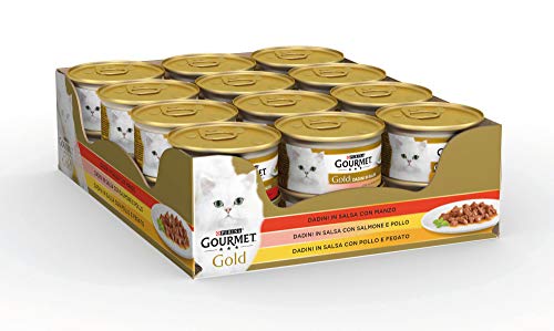 Gourmet Gold Katze Würfel in Sauce mit Rindfleisch, Lachs und Huhn, mit Huhn und Leber, 24 Stück x 85 g von Gourmet