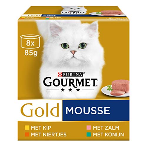 Gourmet Gold Mousse Katzenfutter, Nassfutter mit Huhn, Lachs, Nieren und Kaninchen - 8x85g - 6er Box (48 Dosen; 4,08kg) von Gourmet