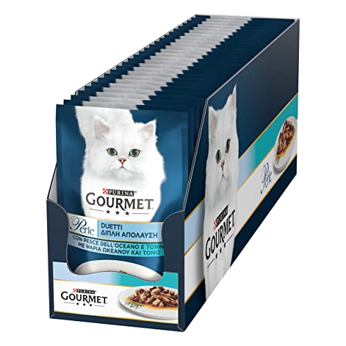 Gourmet Perle Duetti Nassfutter für Erwachsene Katzen Filets in Sauce mit Meeresfisch und Thunfisch, 72 Beutel à 85 g von Gourmet