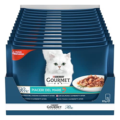 Gourmet Perlen Katze Vergnügen des Meeres mit Lachs, Scholle, Thunfisch und Meeresfisch, 4 x 85 g - Packung mit 12 Stück von Gourmet