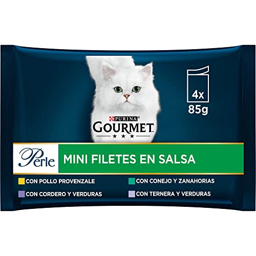 Gourmet Purina Perle Mini-Filets in Sauce, Nassfutter für Katzen mit Huhn, Lamm, Kaninchen und Rind, 12 Packungen mit 4 Beuteln, 85 g, 48 Stück von Gourmet