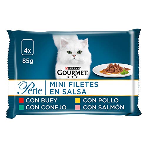Gourmet Purina Perle Mini Filets in Sauce, Nassfutter für Katzen mit Ochsen, Huhn, Kaninchen und Lachs, 12 Packungen mit 4 Beutel à 85 g - 48 Beutel von Gourmet
