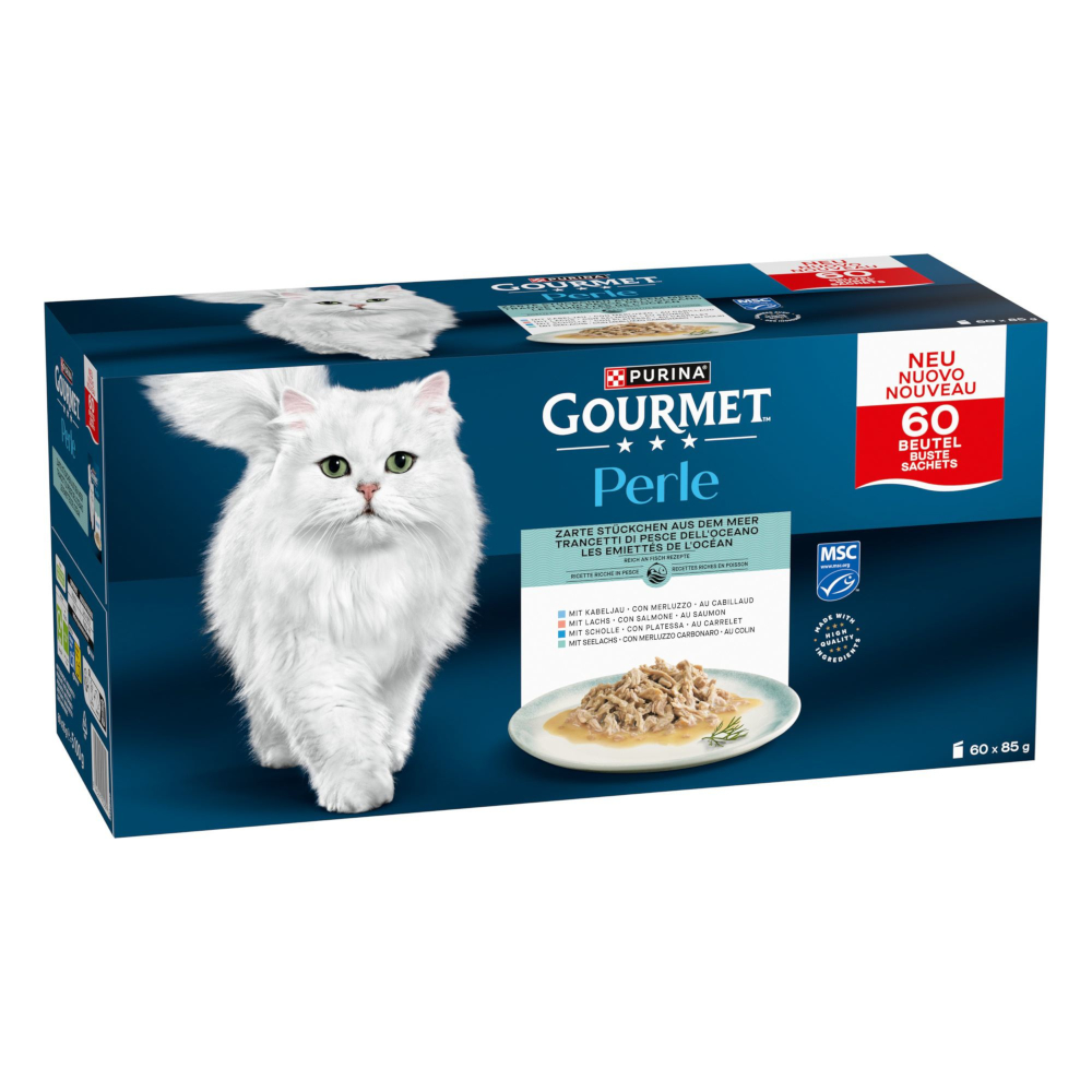 Mixpaket Gourmet Perle 60 x 85 g - Zarte Stückchen aus dem Meer in Sauce (4 Sorten) von Gourmet