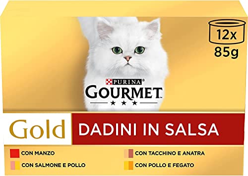 PURINA GOURMET Gold Feuchte Katze Würfel in Sauce mit Gemüse, mit Ente, Trouta, Kalbskaninchen - 96 Dosen zu je 85 g (12 Packungen mit je 8 x 85 g) von Gourmet