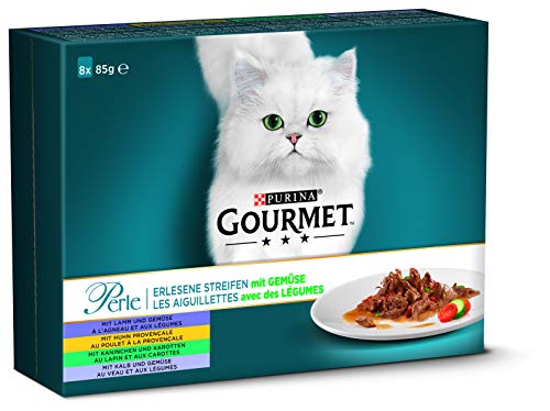 PURINA GOURMET Perle Erlesene Streifen mit Gemüse Katzenfutter nass, Sorten-Mix, 10er Pack (10 x 8 Beutel à 85g) von Gourmet