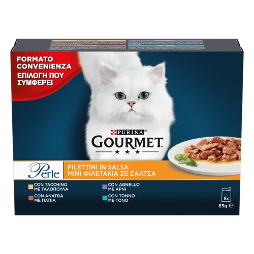 Purina Gourmet Feuchtperlen Katze Filets in Sauce mit Truthahn, Thunfisch, Ente, Lamm - 80 Beutel à 85 g (Packung mit 80 x 85 g) von Gourmet