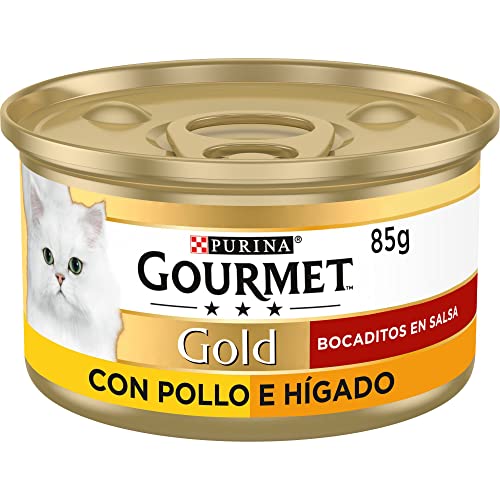 GOURMET Gold Snacks in Sauce, Nassfutter für Erwachsene Katzen, Hühnerpastete und Leber, 24 Dosen à 85 g von Gourmet