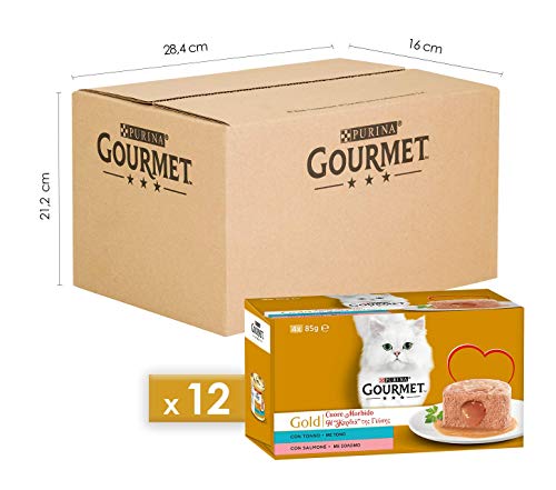 GOURMET Gold Cuore Weiches Nassfutter für ausgewachsene Katzen, Mousse mit Thunfisch und Lachs, 48 Dosen à 85 g von Gourmet