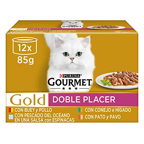 GOURMET Gold Double Placer, Nassfutter für ausgewachsene Katzen, Sauce, Fleisch- und Fischsortiment in Sauce, 8 Packungen mit 12 Dosen à 85 g (96 Dosen) von Gourmet
