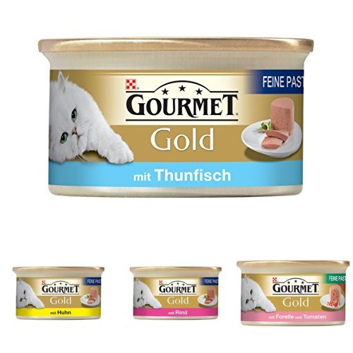 Purina Gourmet Gold Feine Pastete Mixpaket (Thunfisch, Huhn, Rind, Forelle mit Tomaten) Katzennassfutter, 48er Pack (4 x 12 x 85g Dose) von Gourmet