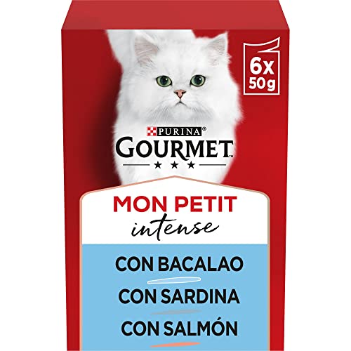 GOURMET Mon Pe Nassfutter für ausgewachsene Katzen, Stückchen in Sauce, Kabeljau, Sardine, Lachs, 8 Packungen mit 6 Beutel à 50 g (48 Beutel) von Gourmet