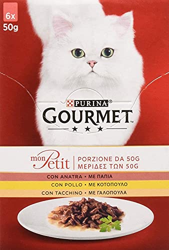 PURINA Gourmet Mon Petit Katzenfutter nass, leckere Kreationen mit Fleisch, mit Ente, Huhn und Pute, 48 Beutel à 50g (8er Pack (8 x 6 x 50g) von Gourmet