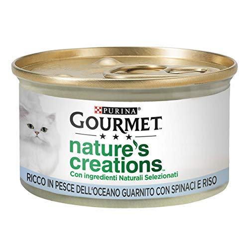 Purina Gourmet Nature's Creations Nassfutter für Katzen, reich an Meeresfisch, garniert mit Spinat und Reis, 24 Dosen à 85 g von Gourmet