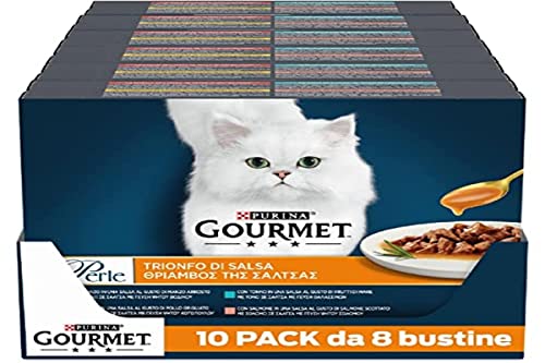 Purina Gourmet Perlen Triumph der feuchten Sauce Katze mit Rind, Huhn, Lachs und Thunfisch, 80 Beutel à 85 g von Gourmet