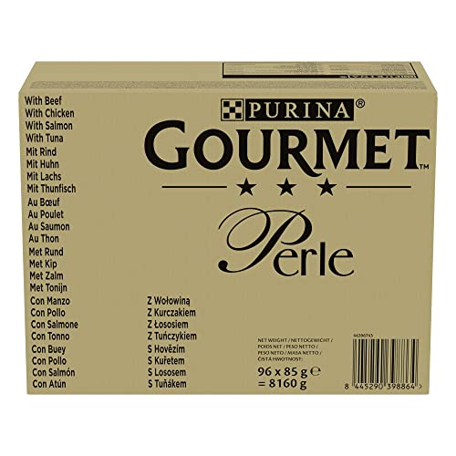 Purina Gourmet Perlen in Sauce Nassfutter für Katzen mit Rind, Huhn, Lachs, Thunfisch, 96 Beutel à 85 g von Gourmet