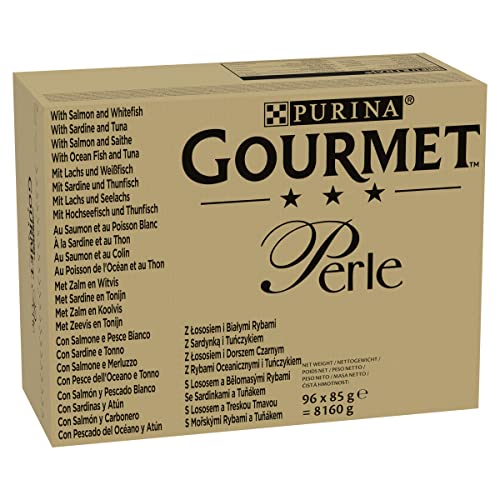 Purina Gourmet Perlen in feuchter Sauce Katzen mit Lachs, Sardinen, Kabeljau, Meeresfisch, 96 Beutel à 85 g von Gourmet